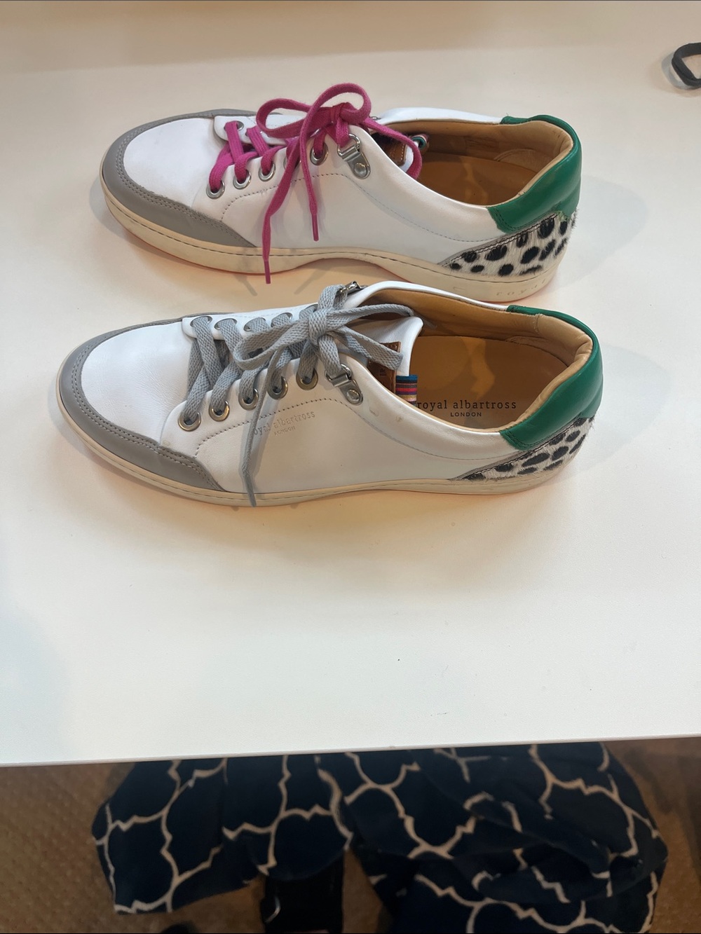 Royal Albartross White Leather Sneakers with Green Heel and Leopard Accent